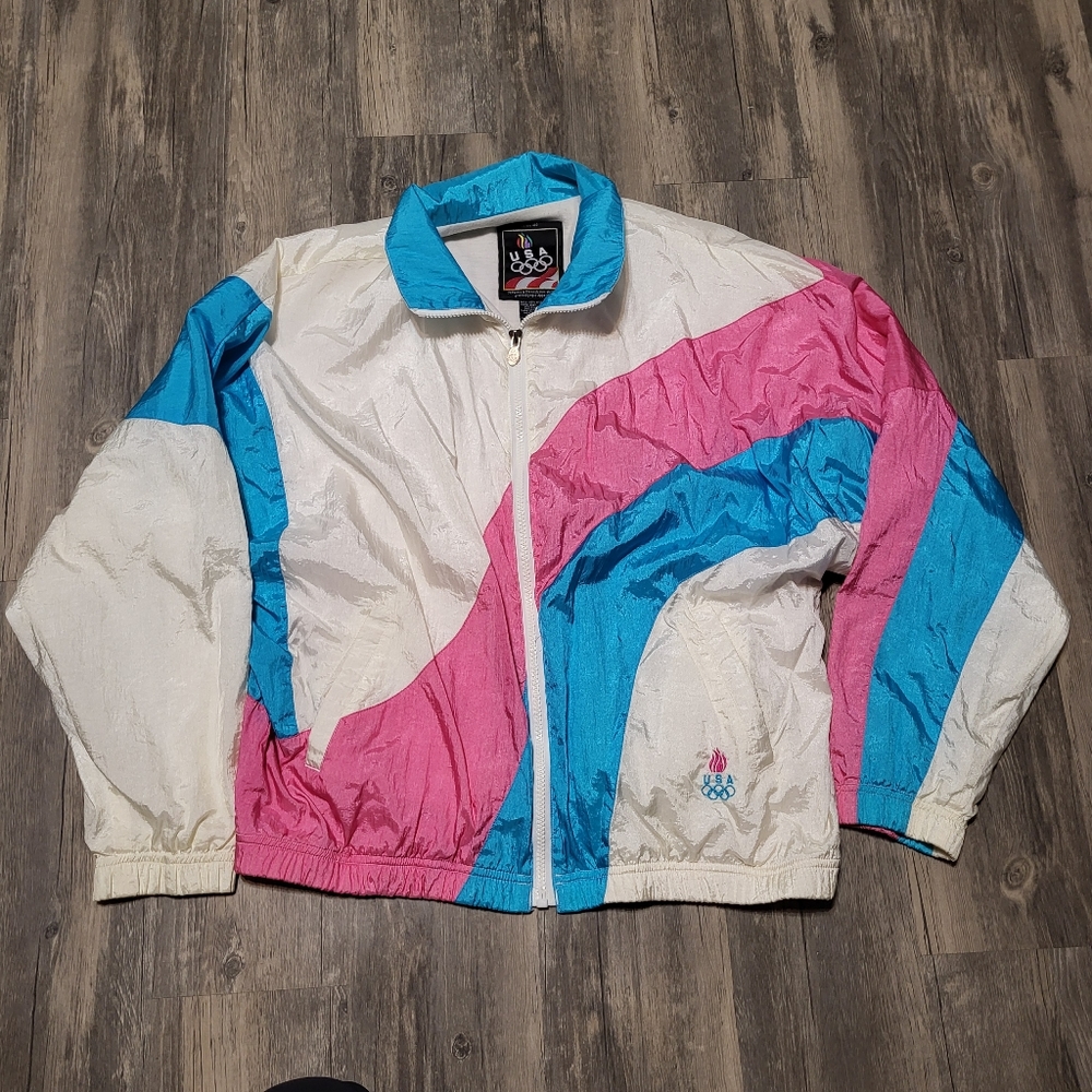 Vintage Olympics JC Pennys Nylon Color Block Retro Windbreaker Size Large